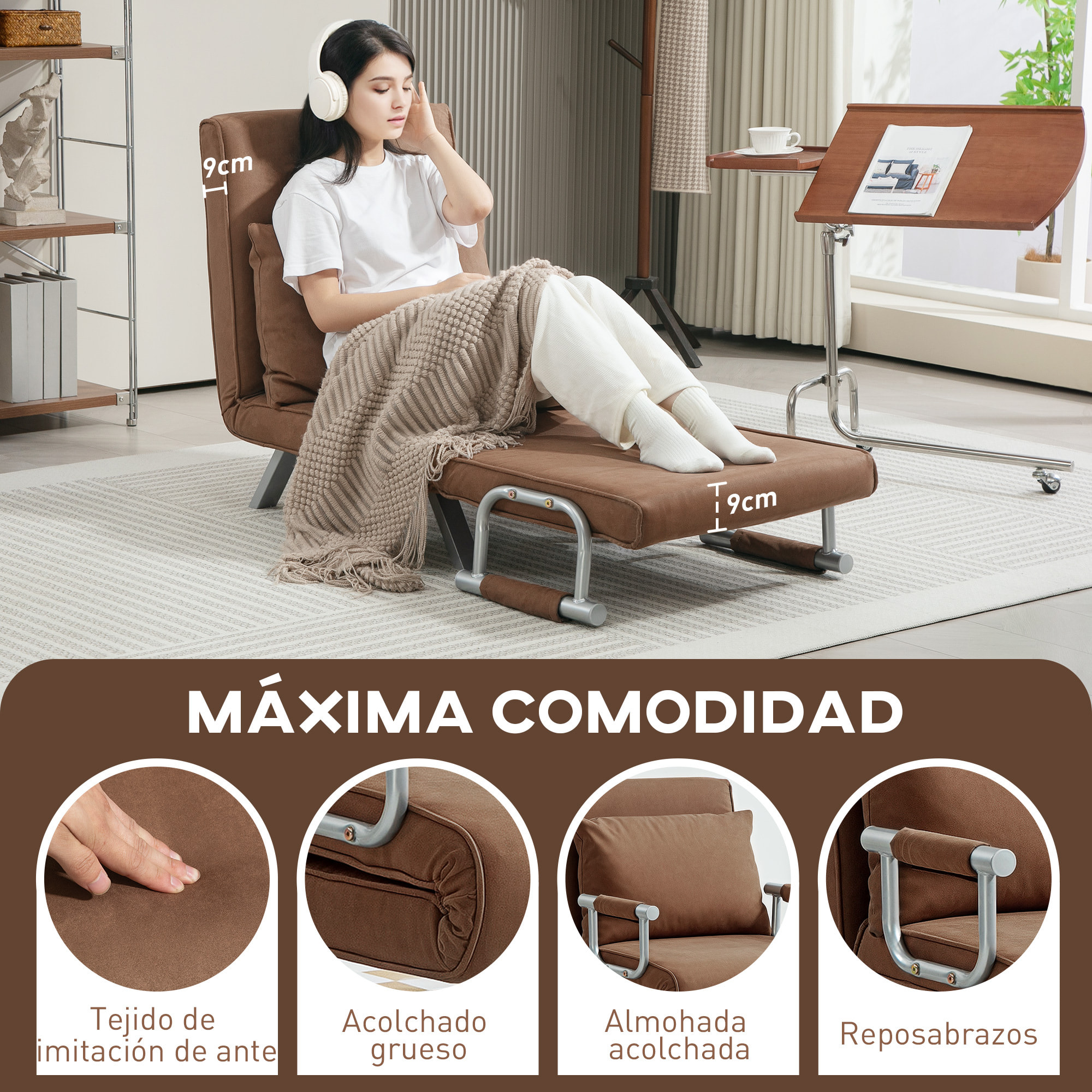 Sofá Cama de 1 Plaza 2 en 1, Sillón Cama Plegable Tapizado en Ante Sintético, con Respaldo Ajustable en 5 Niveles y Almohada Acolchada, para Oficina, Dormitorio, Salón, 65x69x80 cm, Marrón