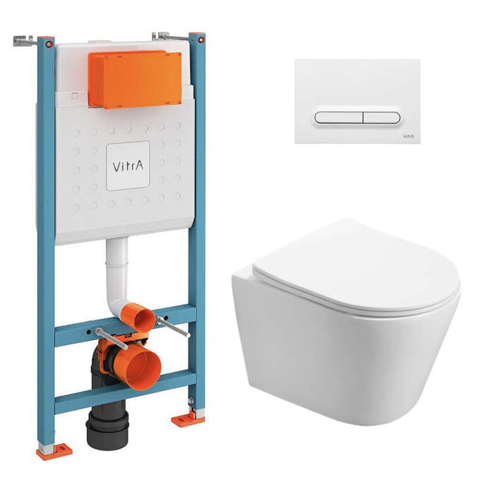 Pack WC Bâti-support Vitra V-Fix Core + WC SAT Infinitio sans bride + Plaque Blanc brillant