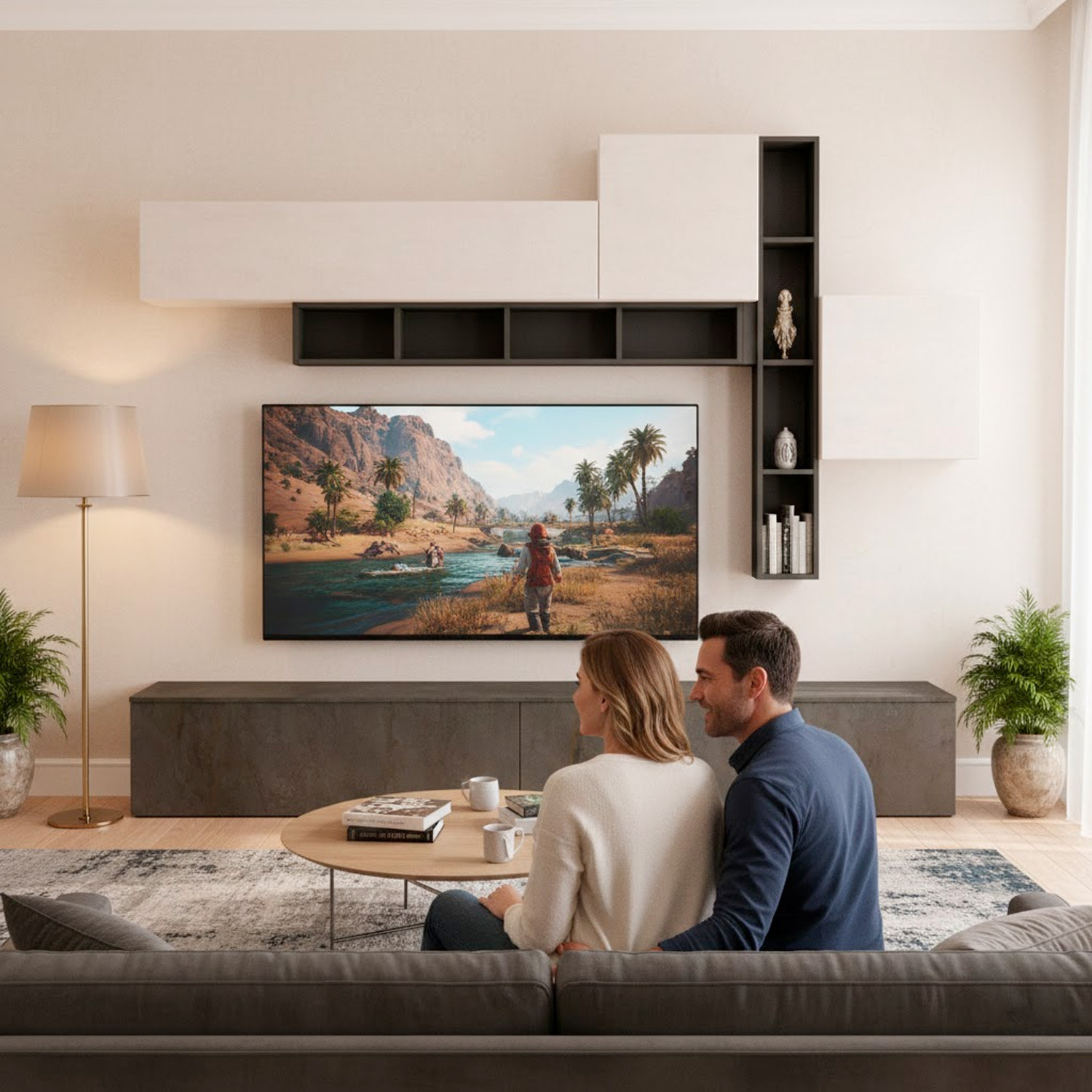 Parete Attrezzata Soggiorno Con Librerie Basi A Ribalta Pensili Push-Pull Mobile TV Moderno Reversibile 200 x 276 x 39.6 Cm Grafite Ossidata E Bianco