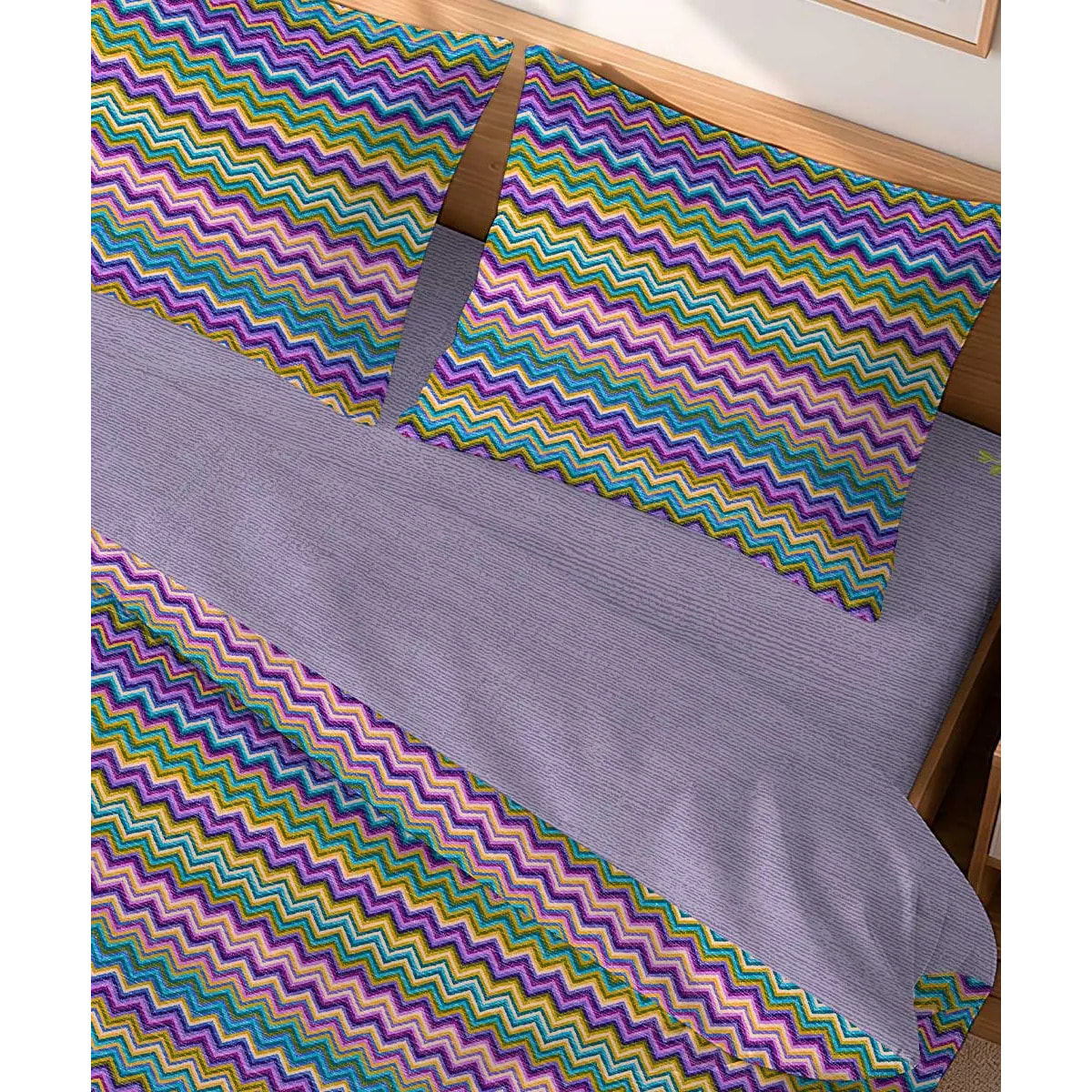 Parure Copripiumino Baia Lilla per letto singolo in 100% Cotone e Made in Italy, zig zag moderno