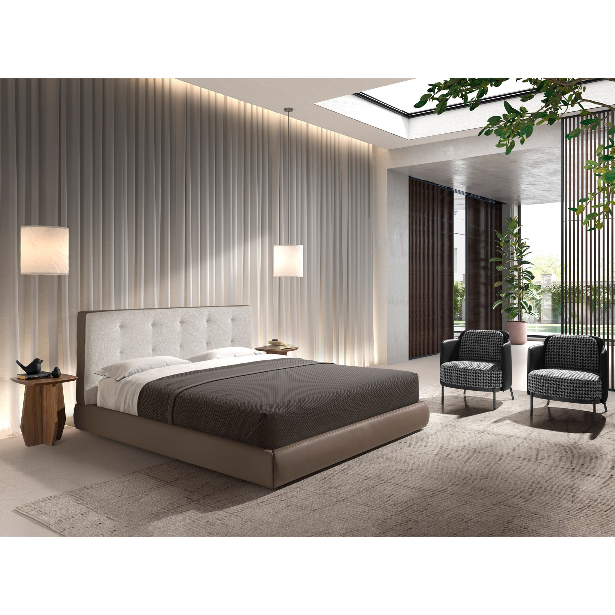 Cama Angel Cerdá capitoné de matrimonio con cabecero en tela en blanco roto y estructura de polipiel en marrón y patas de acero inoxidable en negro 199x224x98cm