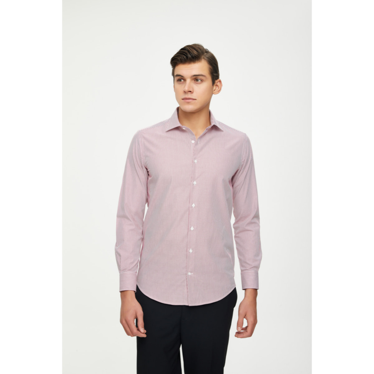Camicia Uomo 1 Bottone Francese Slim Cotone Riga Stretta Rosso Bordeaux/Bianco