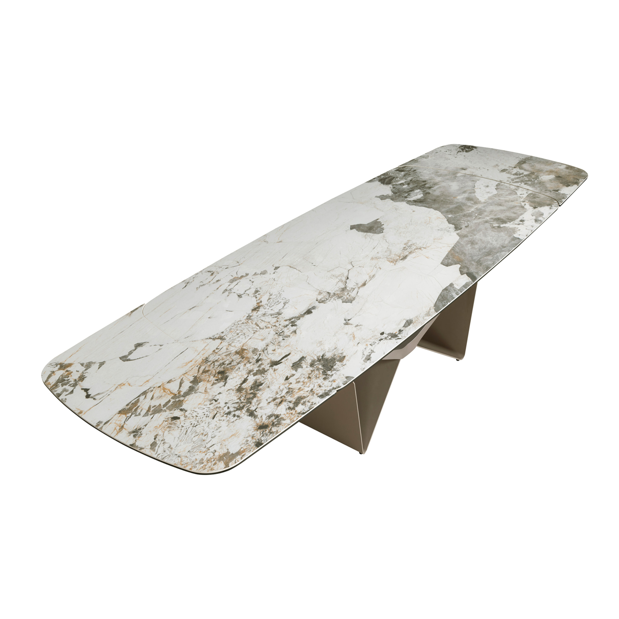 Mesa comedor extensible ovalada barril con tapa de mármol porcelánico blanco con vetas en tonalidades grises y marrones en acabado mate 200x100x76cm