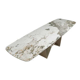 Mesa comedor extensible ovalada barril con tapa de mármol porcelánico blanco con vetas en tonalidades grises y marrones en acabado mate 200x100x76cm