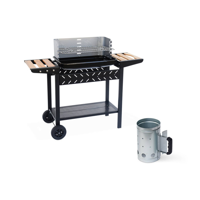 Barbecue au charbon. Noir et gris. hauteur de grille ajustable. cuve émaillée. tablettes en bois + Cheminée d’allumage