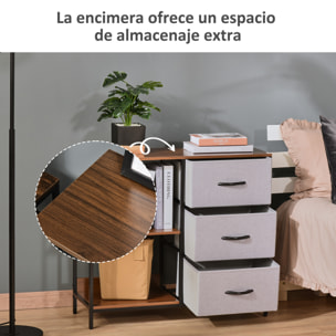 HOMCOM Cómoda Cajonera de Tela con 3 Cajones Plegables y 2 Estantes Estilo Industrial para Dormitorio Salón Pasillo 80x29x71 cm Nogal y Gris Claro