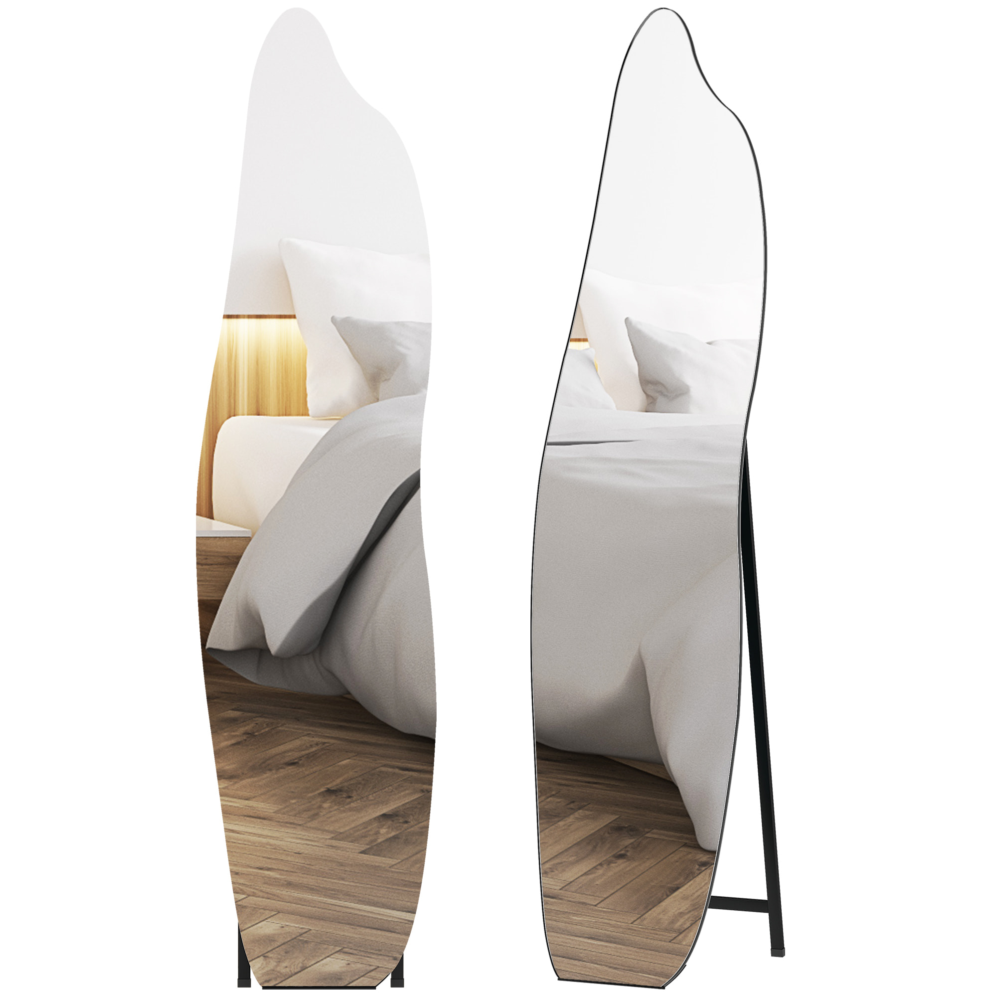 Espejo de Pie Cuerpo Entero 160x40 cm sin Marco, Espejo de Pie Forma Irregular con Soporte Metálico, Montaje en el Suelo o Apoyado contra la Pared, para Salón, Entrada y Dormitorio, Negro