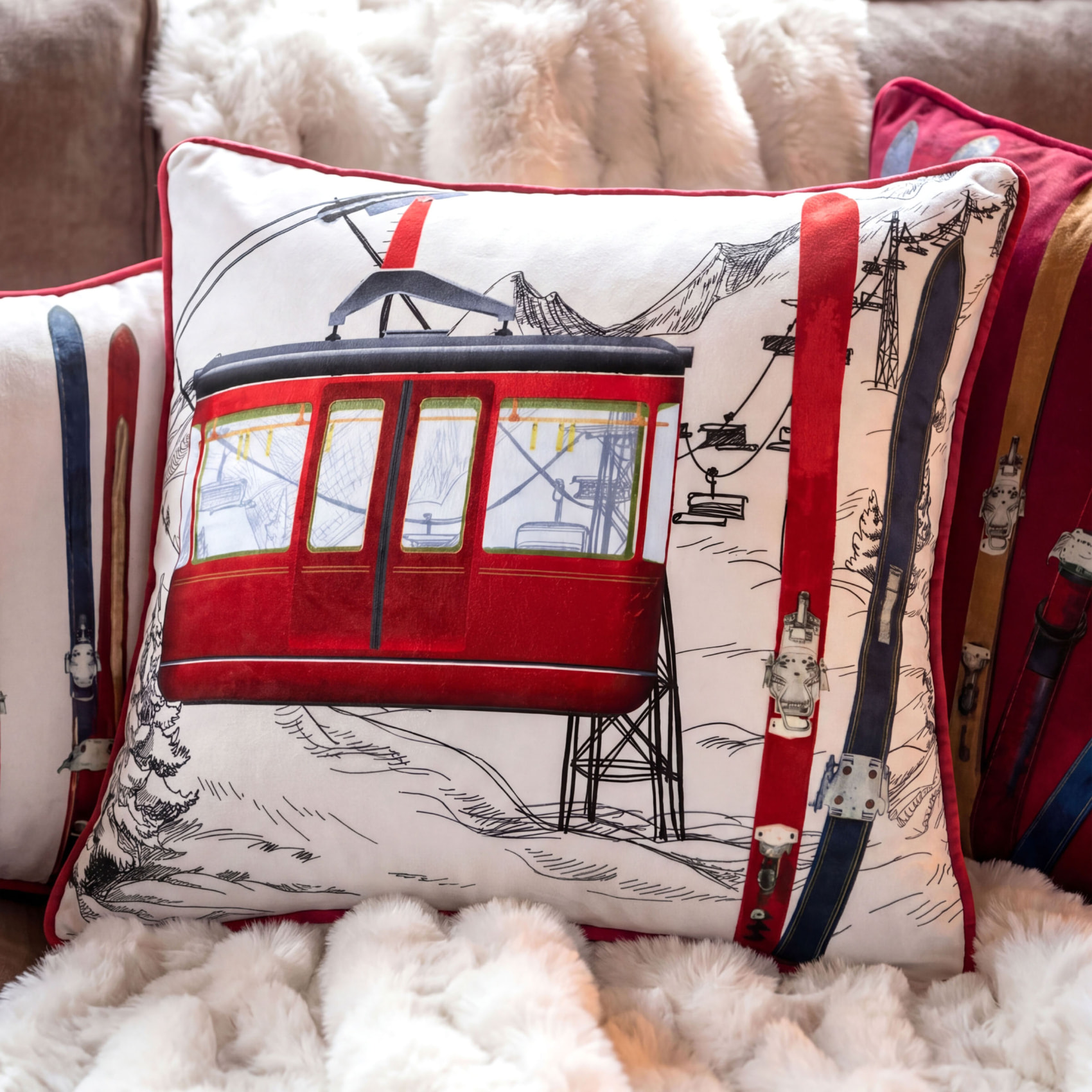 Coussin décoratif carré à motif téléphérique - Rouge