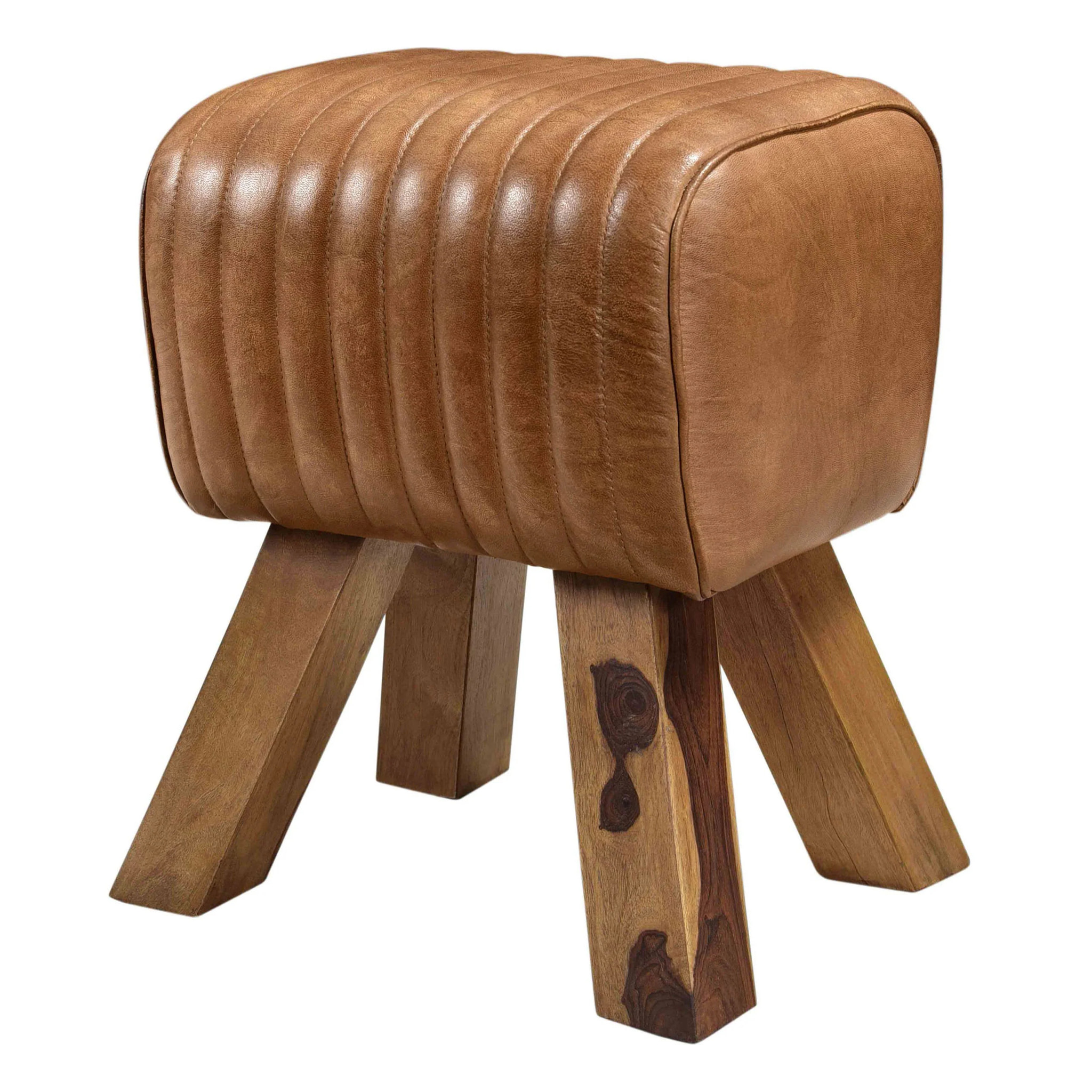 Tabouret en cuir marron et bois de manguier - Morena