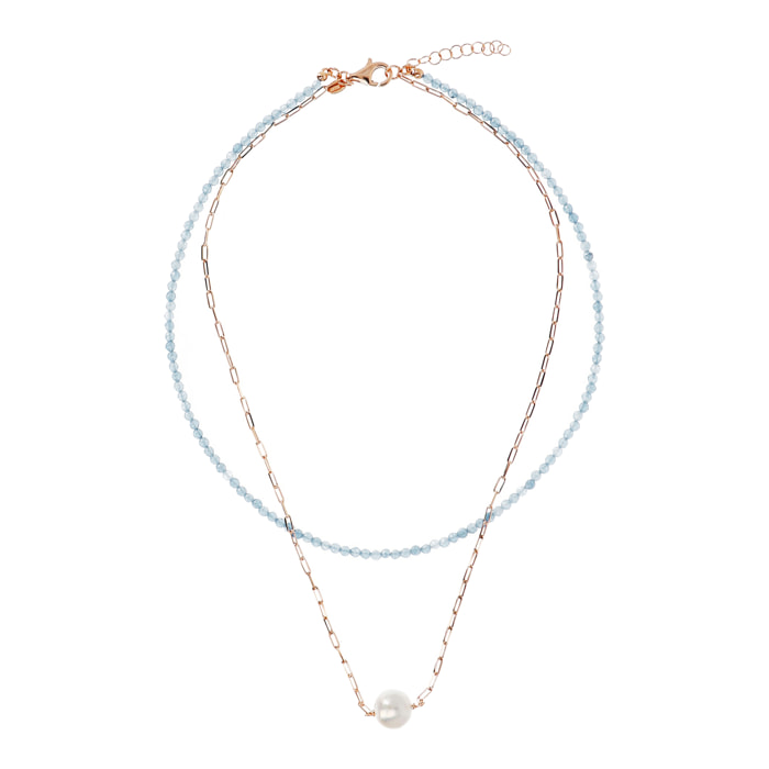 PERLAVIVA - Doppia Collana con Quarzite Cielo e Perla Ming d'Acqua Dolce Bianca Ø 11 mm in Argento 925 placcato Oro Rosa 18Kt