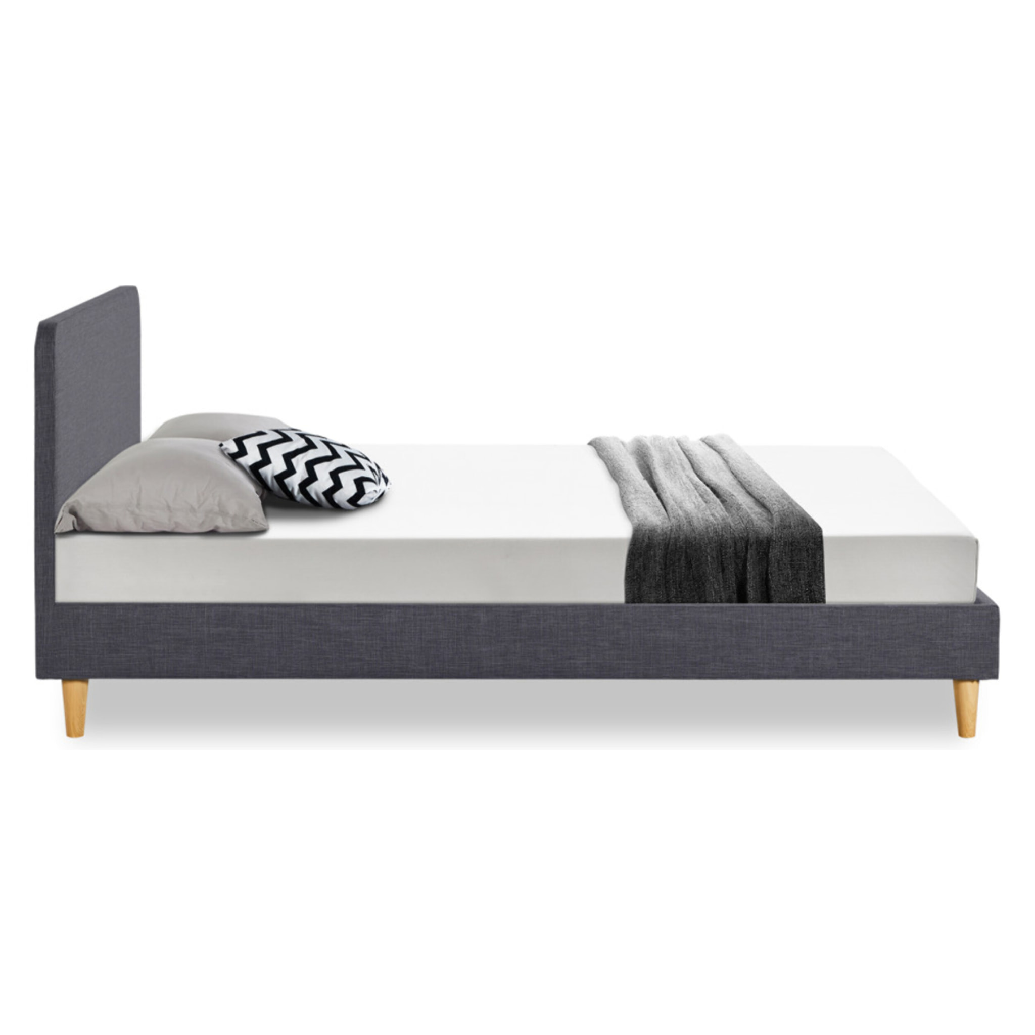 Lit Evy 160x200cm tissu gris pieds bois