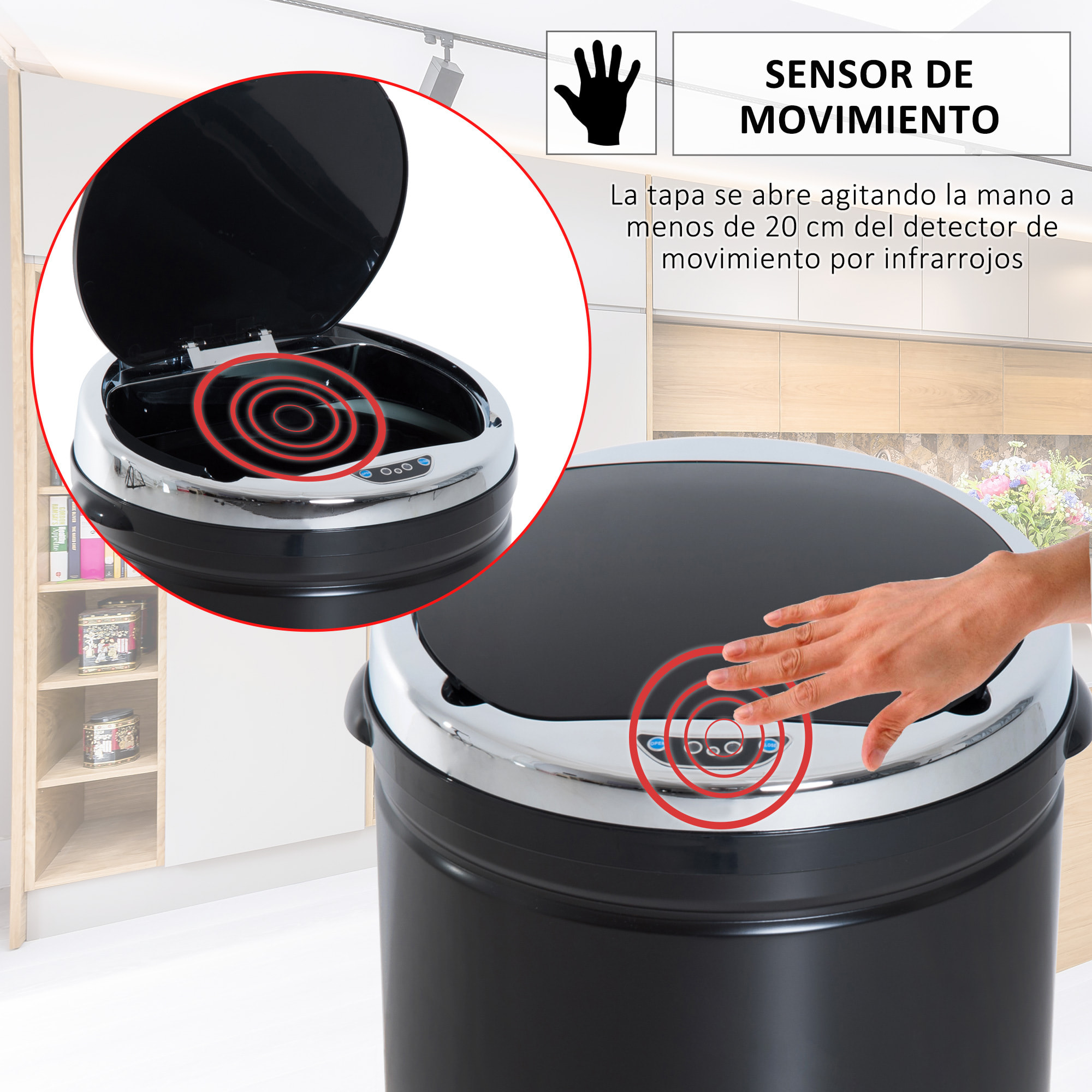 Cubo de Basura Automático 50L, Papelera Cocina con Sensor de Movimiento, Tapa Cierre Suave y Silencioso, Cuerpo de Acero Inoxidable, para Comedor, Oficina, Negro