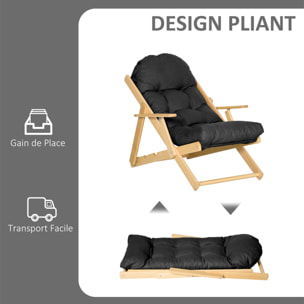 Fauteuil chaise pliable et inclinable en bois grand confort avec coussin capitonné épais - dim. 71I x 89P x 96H cm - noir