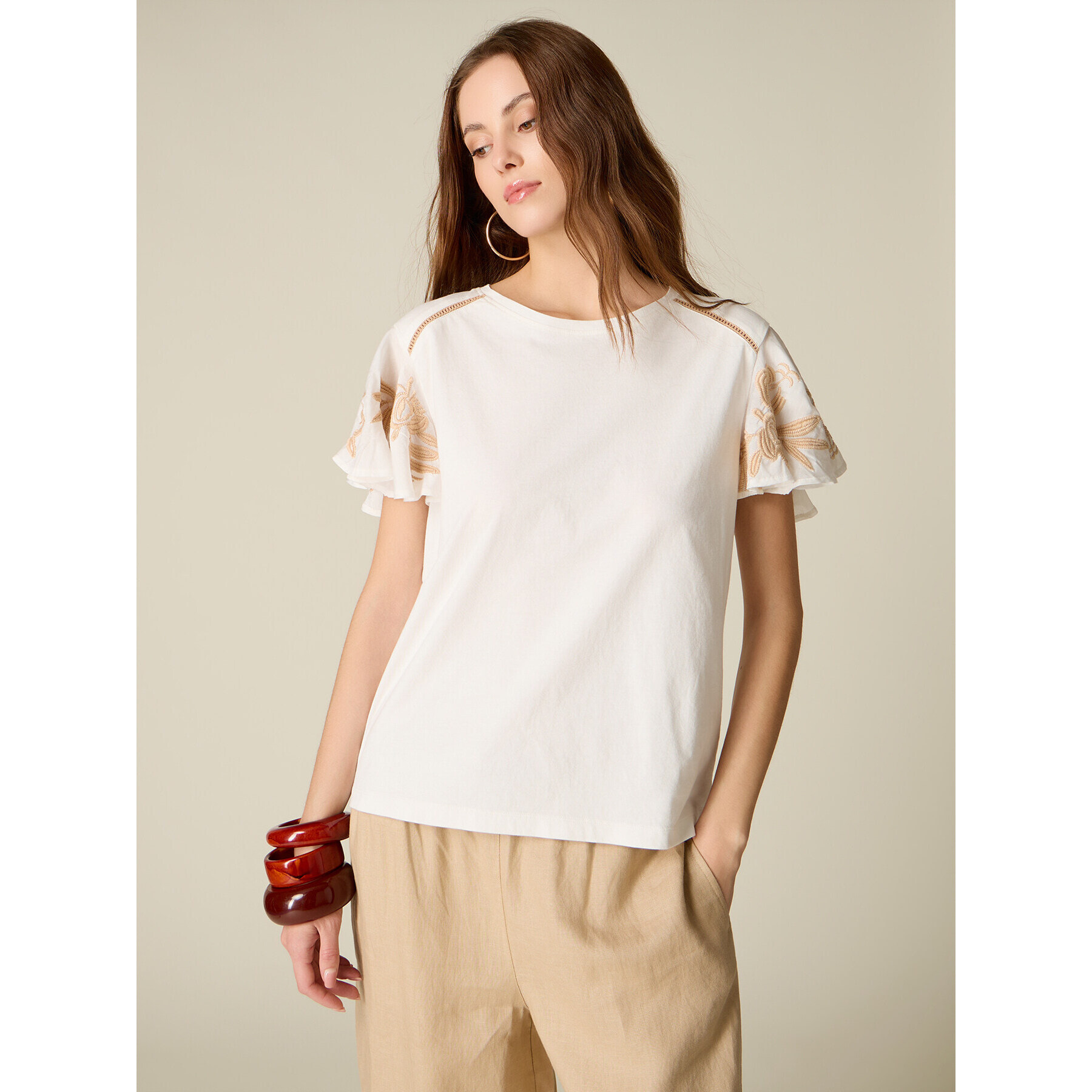 Oltre - T-shirt con maniche ricamate - Bianco