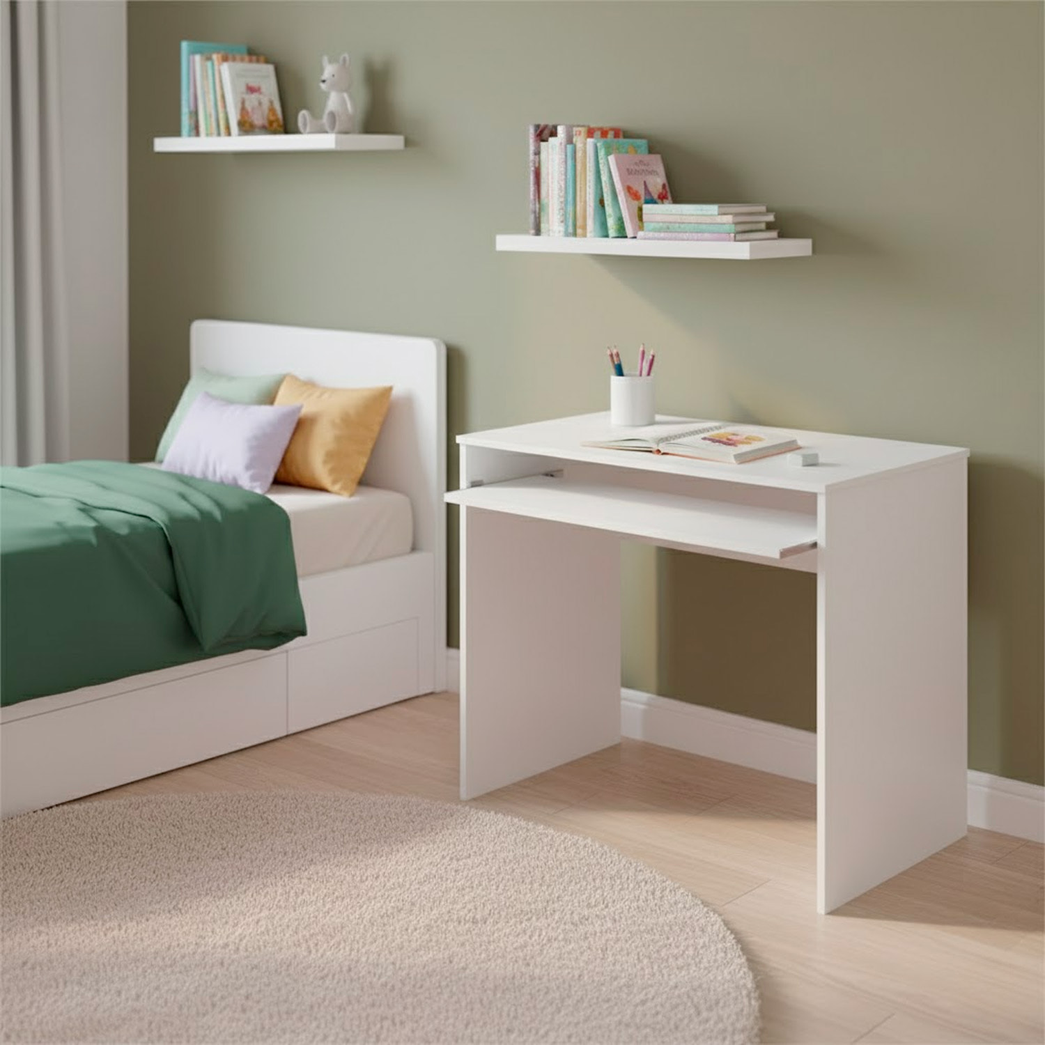 Scrivania Per Cameretta Postazione Desk PC Studio Ufficio Design Moderno Piano Scorrevole Piedini ABS Studio Compiti Lavoro 90x54x79 Cm Bianco Opaco