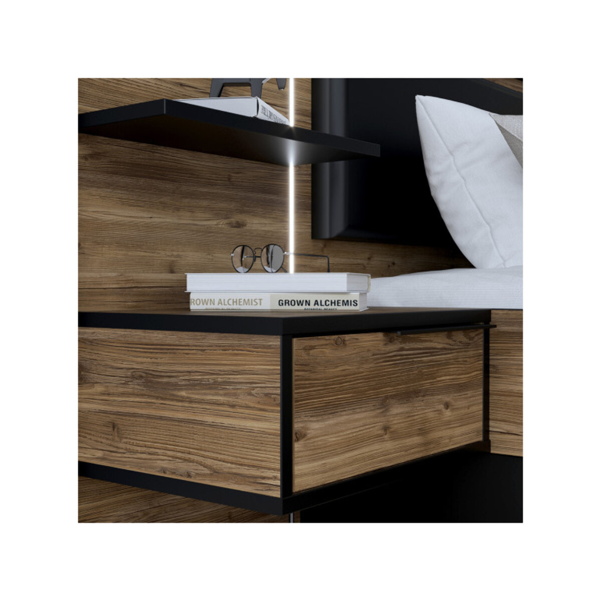 Lit 140x190 cm tête de lit et chevet chevet décor épicéa et noir - YAL