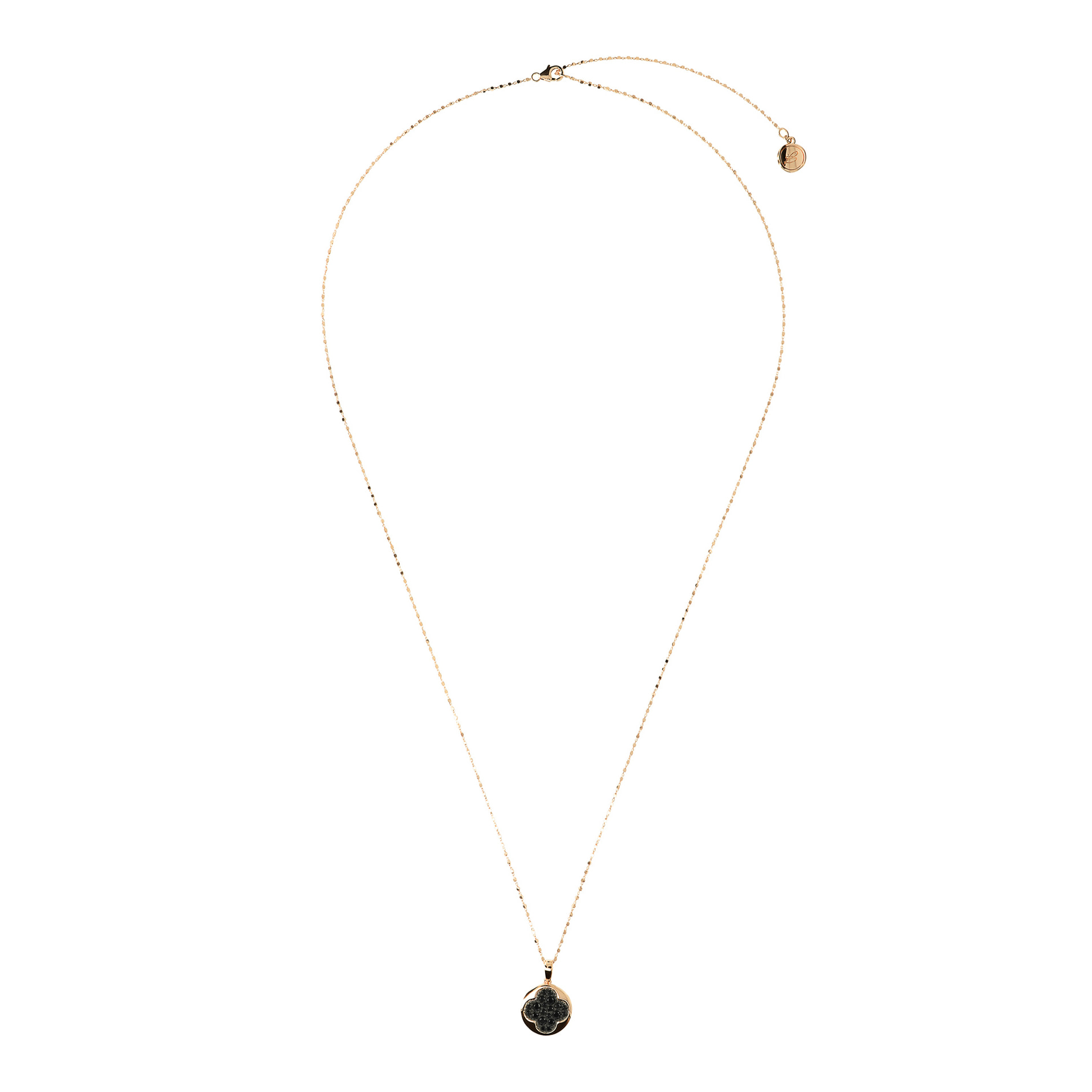 Collana Golden Lunga Catena a Cubetti e Pendente Tondo con Quadrifoglio Pavé in Spinello Nero