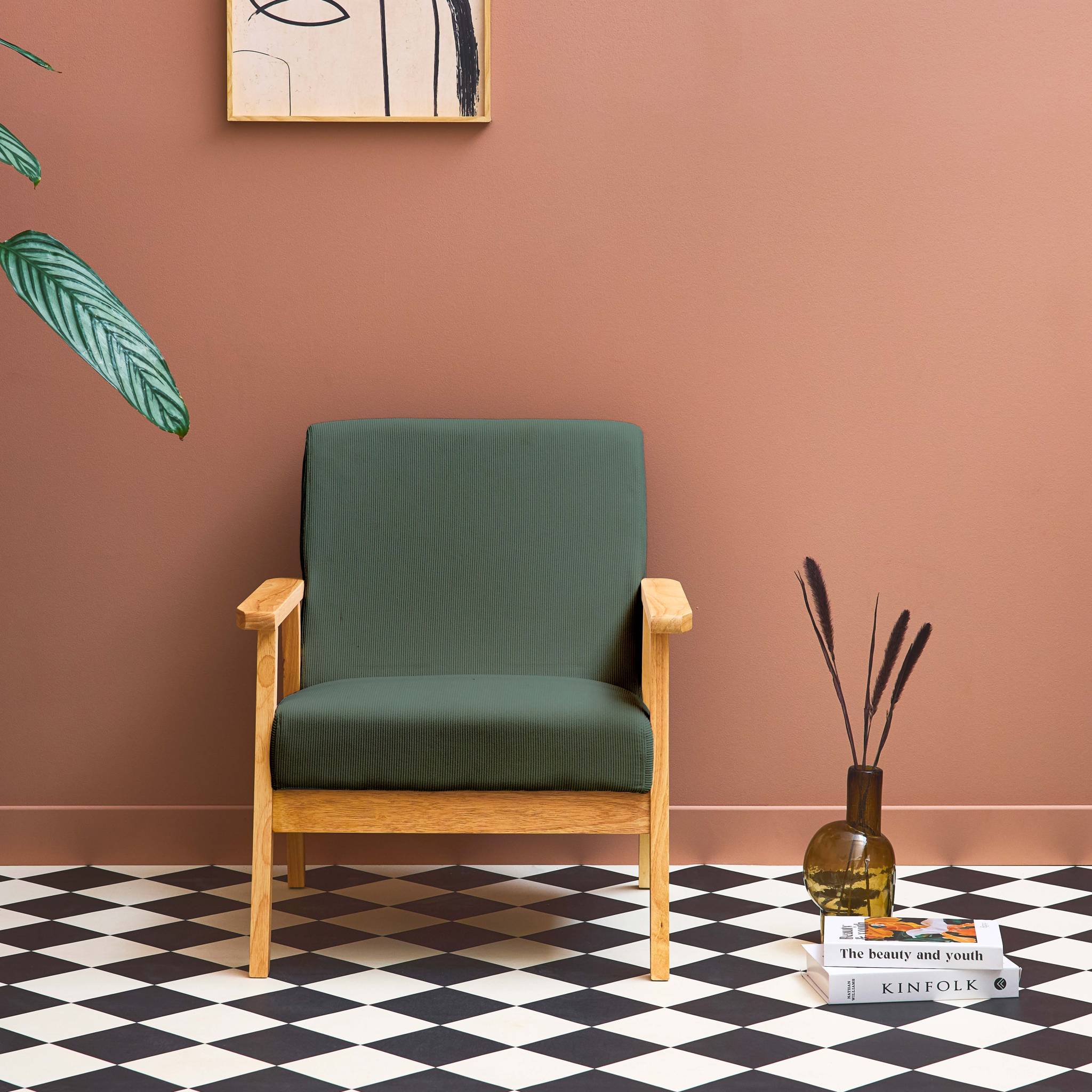 Fauteuil vintage / scandinave structure en bois et contreplaqué et assise en velours côtelé vert kaki