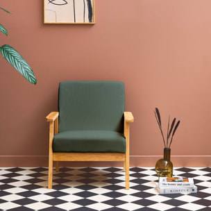 Fauteuil vintage / scandinave structure en bois et contreplaqué et assise en velours côtelé vert kaki