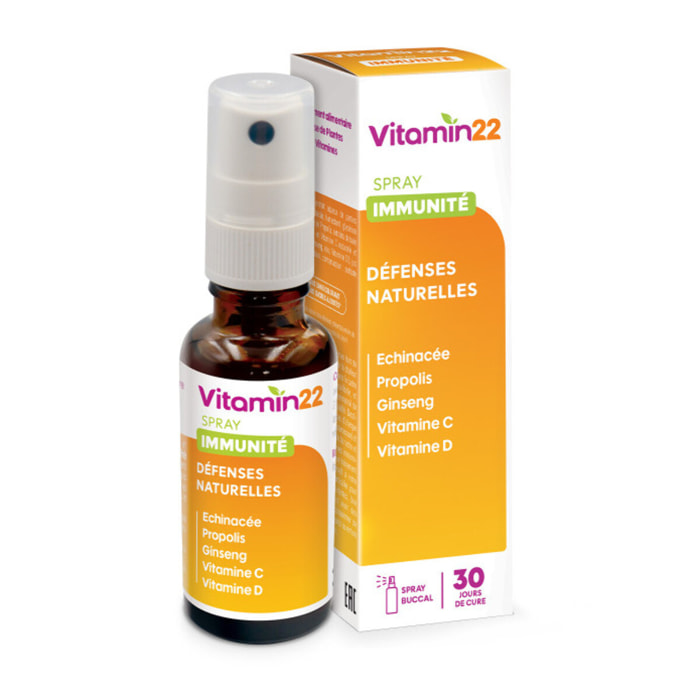 VITAMIN'22 - Spray Immunité - Complément alimentaire à base de Propolis, Ginseng, Échinacée, Vitamines C & D - Soutien de l'immunité - Cure 30 jours