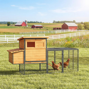 Poulailler bois surélevé avec enclos acier - 2 pondoirs, 3 portes, toits ouvrants - 192x81x104cm
