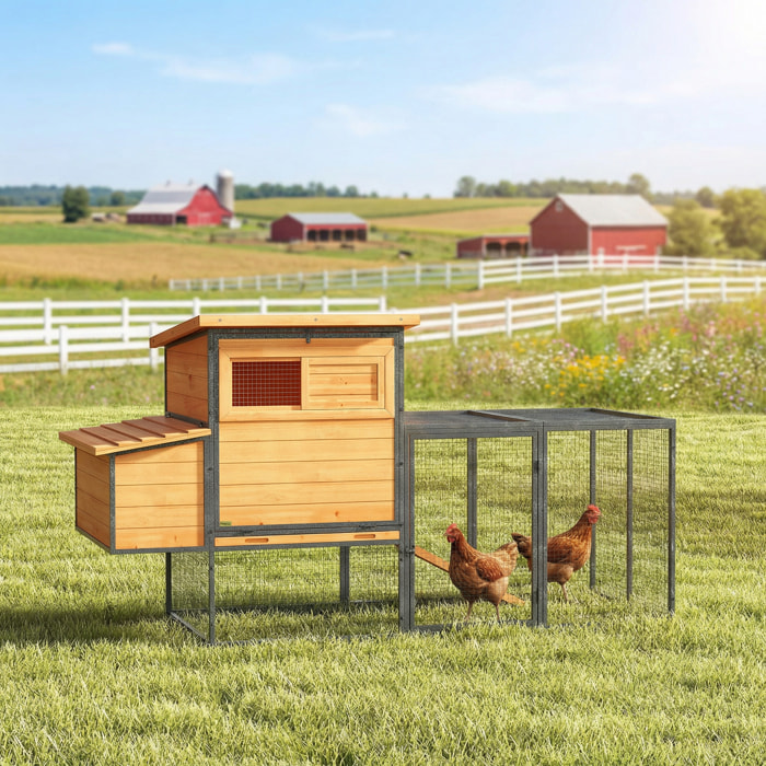 Poulailler bois surélevé avec enclos acier - 2 pondoirs, 3 portes, toits ouvrants - 192x81x104cm