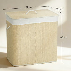 Panier à linge double 144L - corbeille à linge avec couvercle et poignées - tissage bambou écru