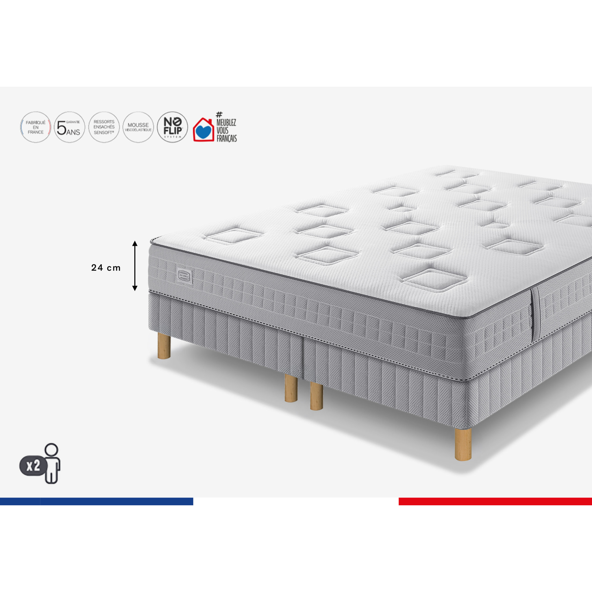 Ensemble CHALLENGE matelas H24 ressort ensachés, très ferme, 2 sommiers