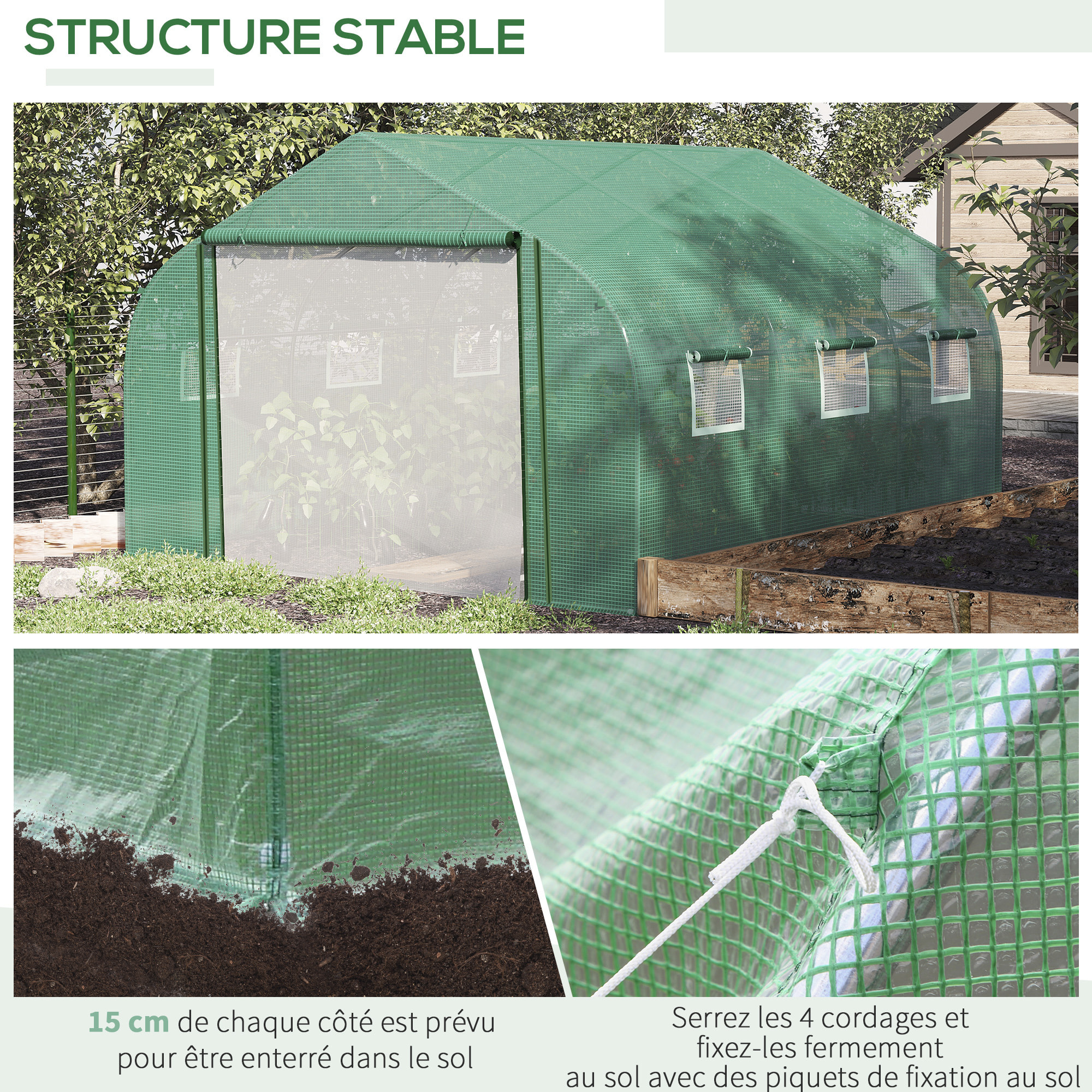 Serre tunnel de jardin grande taille dim. 3,47L x 3l x 2H m - 6 fenêtres et porte zippée enroulable - acier galvanisé PE haute densité vert