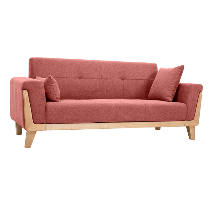 Canapé scandinave 3 places en tissu effet velours texturé terracotta et bois clair FJORD