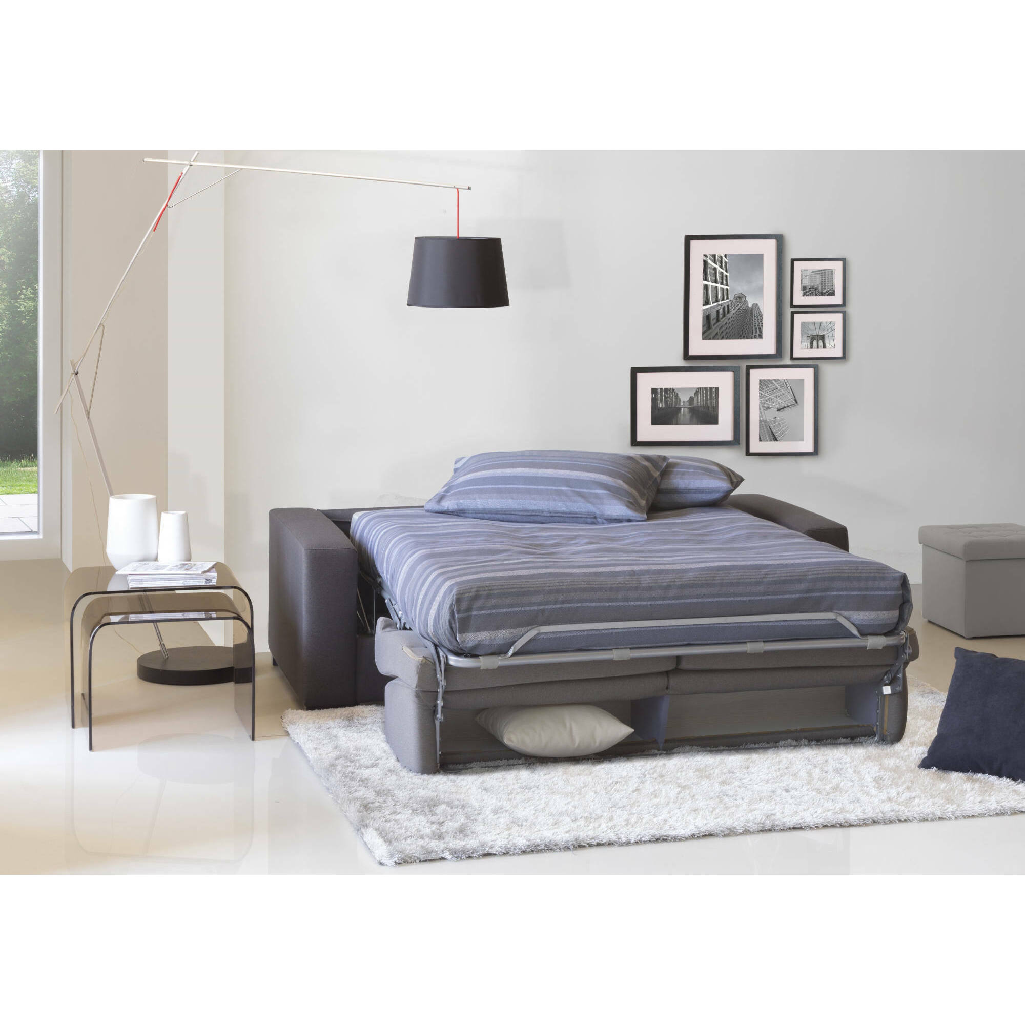 Divano Letto Aliana, Divano a 3 posti, 100% Made in Italy, Sofà Soggiorno con apertura girevole, in tessuto imbottito, con Braccioli standard, Cm 220x95h90, Grigio e Antracite