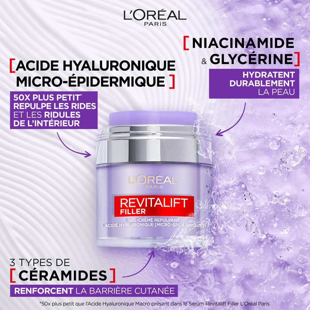 L'Oréal Paris Revitalift Filler Gel-Crème Repulpant Acide Hyaluronique, Céramides, Niacinamide & Glycérine 50 ml