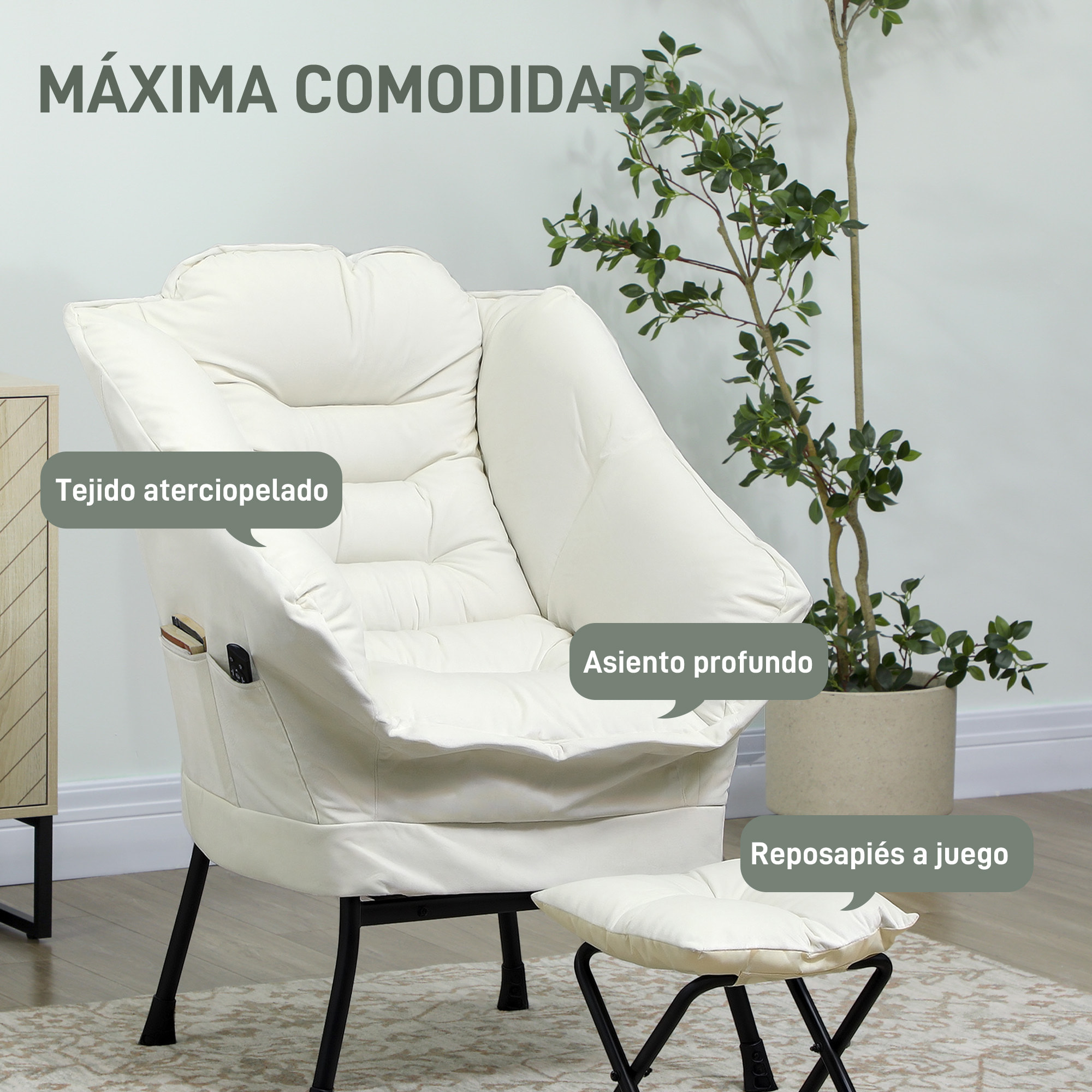 Sillón de Salón con Reposapiés Sillón de Relax Butaca para Dormitorio con Bolsillos Laterales y Patas de Acero para Sala de Estar Crema