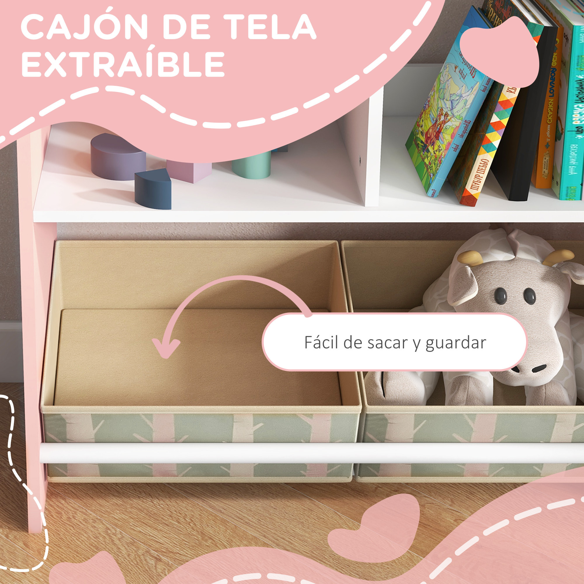 Estantería para Juguetes Organizador Infantil con Estantes Abiertos y 2 Cajas de Tela no Tejida Extraíbles para Sala de Juegos Habitación Guardería 62,4x26,5x90 cm Rosa