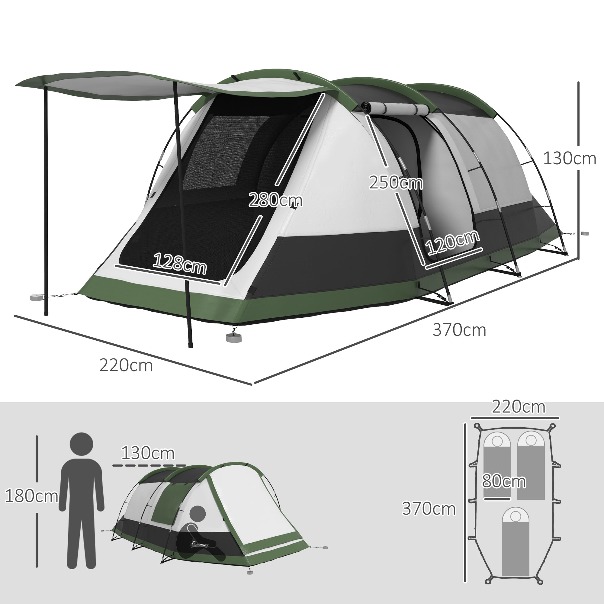 Tente de camping familiale 3-4 pers. - tente tunnel porche étanche 2000 mm - sac de transport inclus - gris