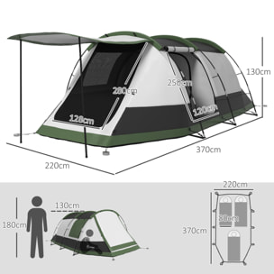 Tente de camping familiale 3-4 pers. - tente tunnel porche étanche 2000 mm - sac de transport inclus - gris