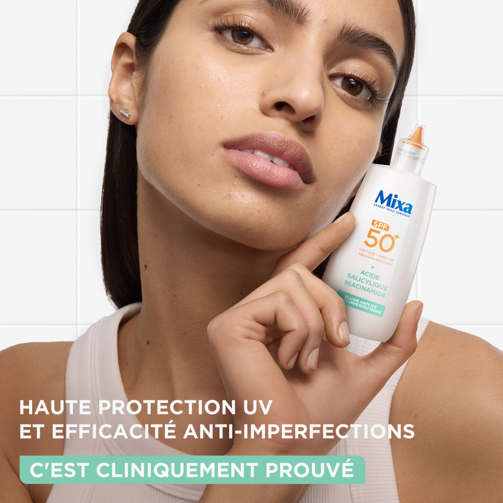 Mixa Fluide quotidien Anti-UV & Anti-Imperfections pour les peaux à imperfections, enrichi en acide salicylique et en niacinamid