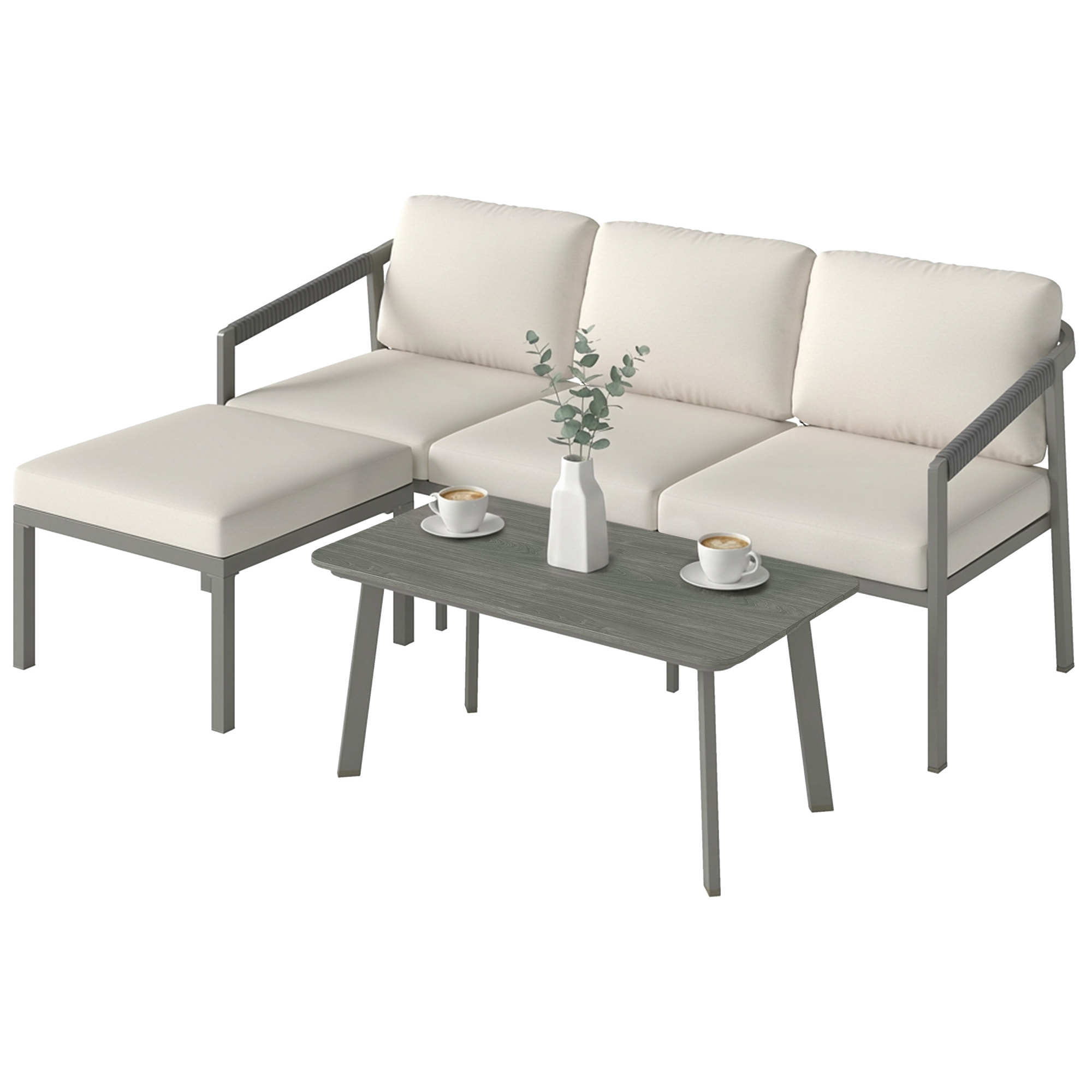 Conjunto de Muebles Jardín Exterior de 3 Piezas Sofá Exterior Seccional Forma de L con Sofá de 3 Plazas Reposapiés Mesa Centro de Listones y Cojines de 10 cm para Terraza Patio Marrón y Beige