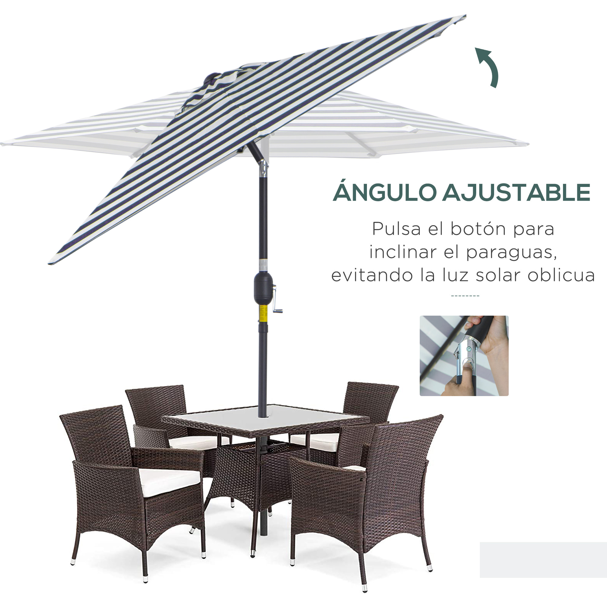 Sombrilla Terraza Exterior, Ø230x216 cm, Sombrilla de Jardín con Ángulo Ajustable y Manivela, Impermeable, Parasol para Patio, Terraza, Azul y Blanco