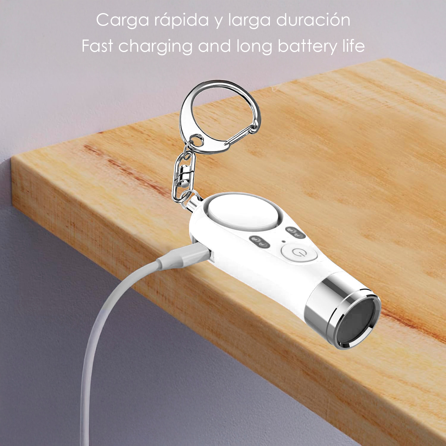 Allerta SOS personale con luce LED brillante, segnale rosso/azzurro e suono di 130±5 dB. Batteria ricaricabile.