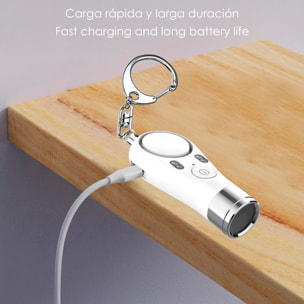 Allerta SOS personale con luce LED brillante, segnale rosso/azzurro e suono di 130±5 dB. Batteria ricaricabile.