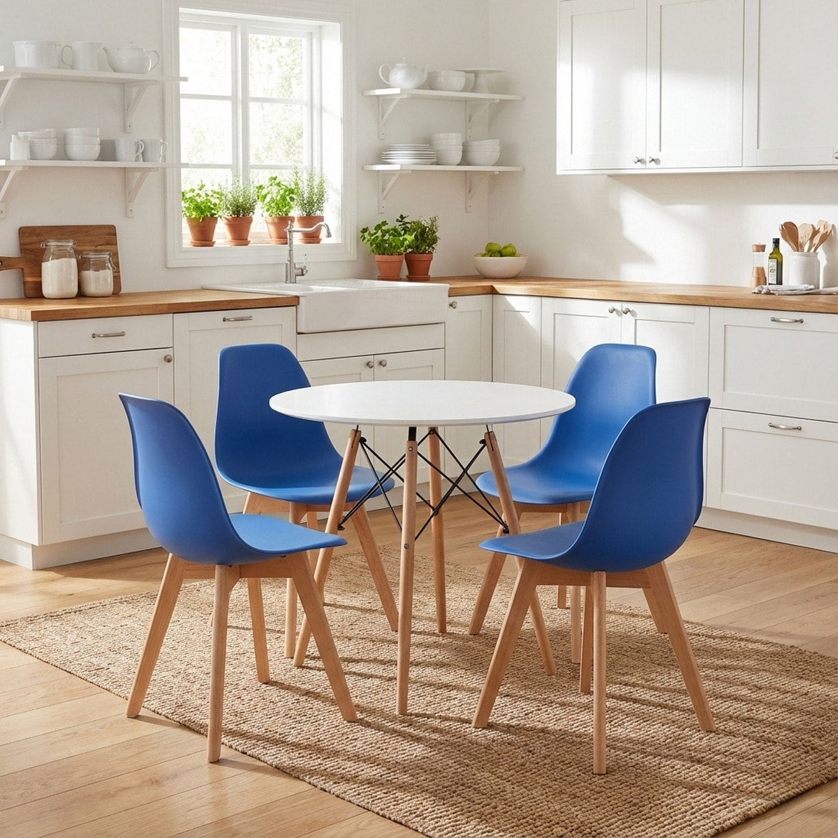 Sedia di design Kito blu con gambe in legno di faggio