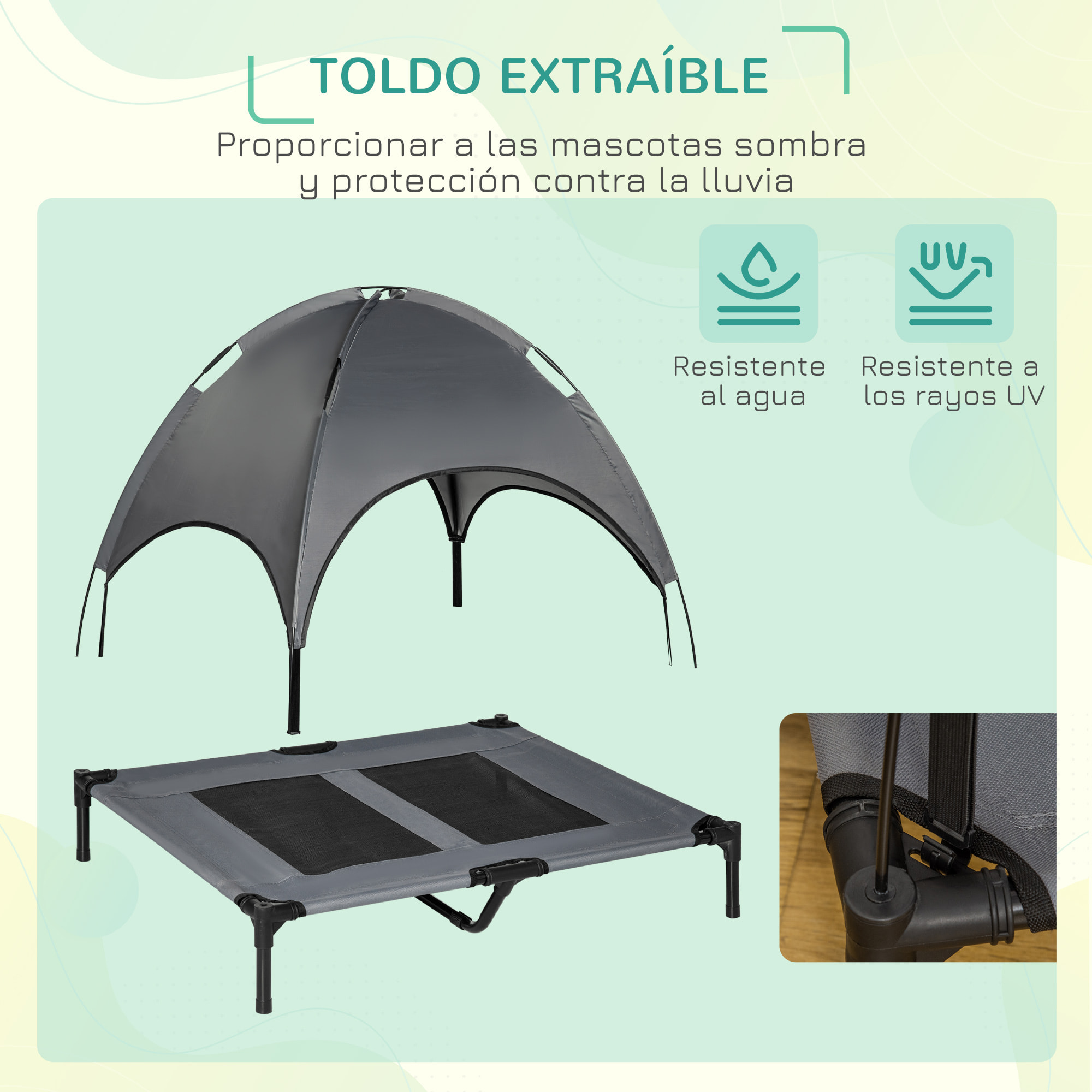 Cama Elevada para Mascotas Portátil con Toldo Extraíble Exterior 92x76x90 cm