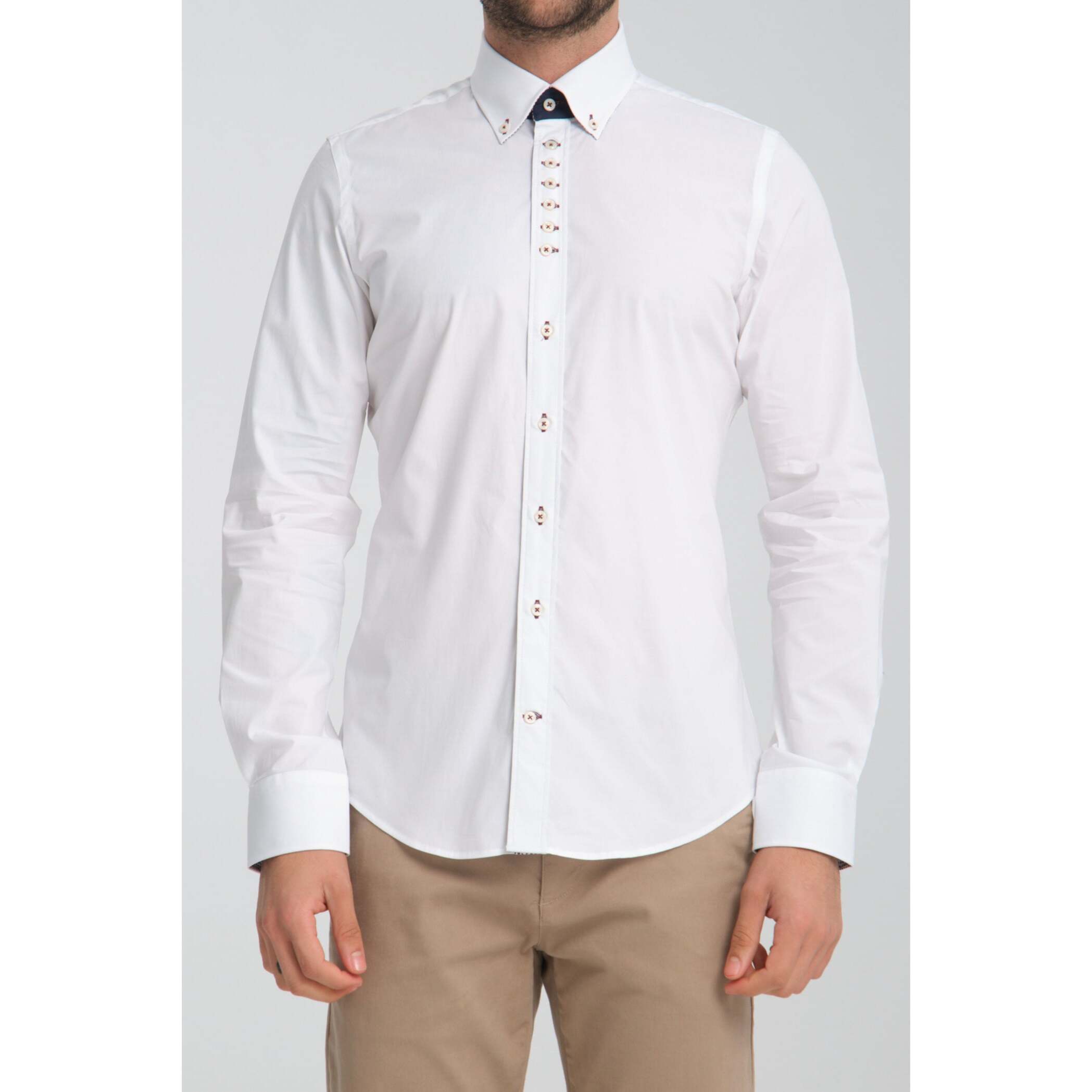 Camicia Uomo 1 Bottoni Button Down Slim Popeline Stretch Unito Bianco