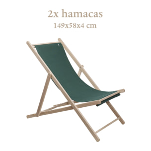 Set de 2 hamacas de madera de haya plegable sin brazos color estructura sin barniz y lona color verde oscuro