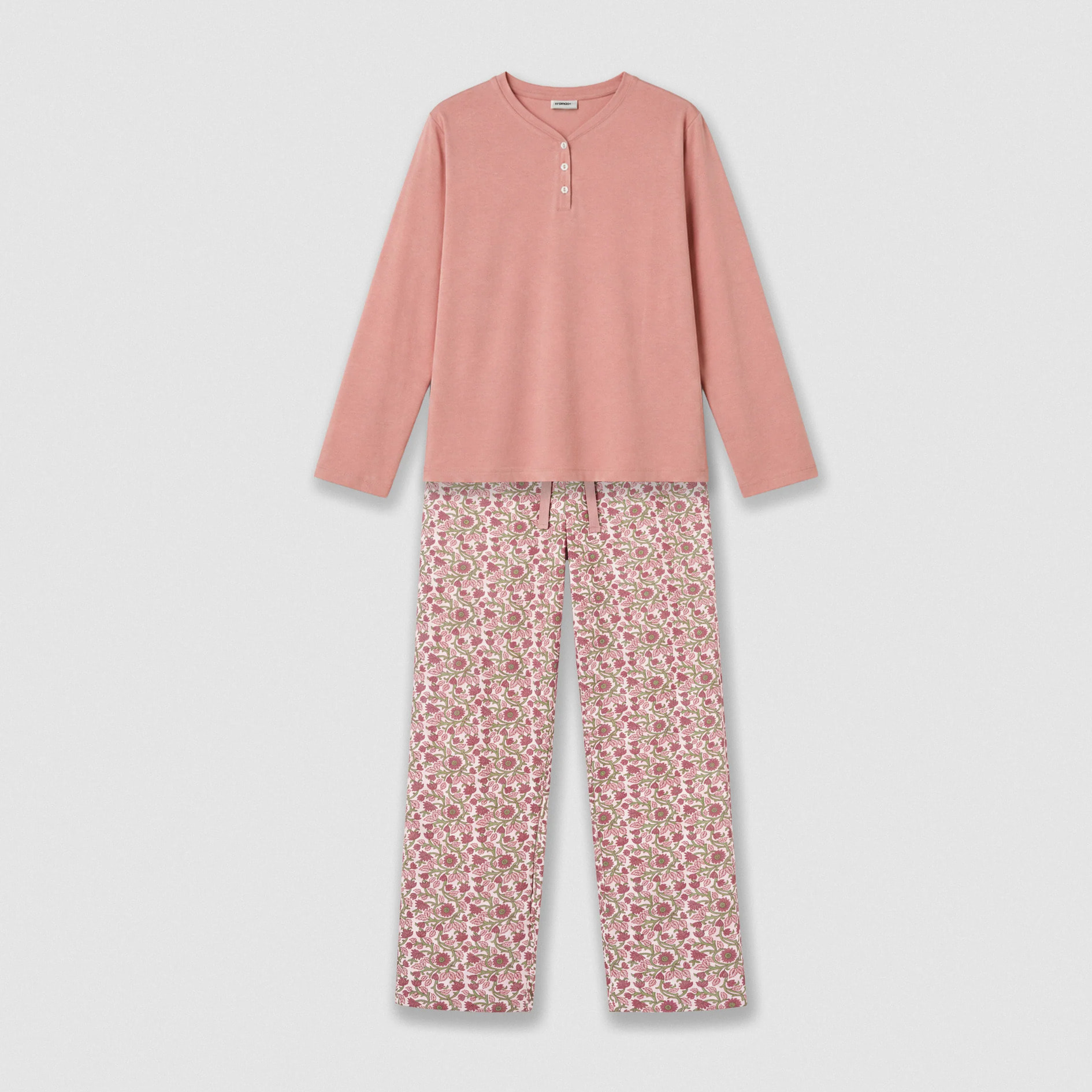 Pijama largo de algodón con escote pico amazonas rosa