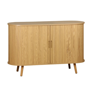 Buffet scandinave 2 portes coulissantes. 4 compartiments. effet bois rainuré. couleur naturelle. buffet bas. L 120 x P 40 x H 75cm