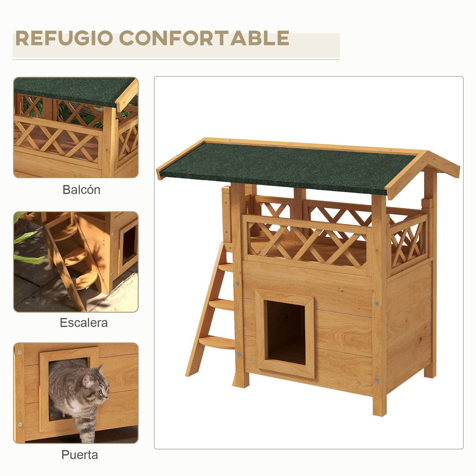 Casa para Gatos de Madera 77x50x73 cm Caseta para Gatos de 2 Niveles Refugio para Gatos con Techo Asfáltico Escalera y Balcón para Exterior Natural