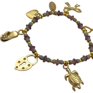 Pulsera elástica charms dorado con resinas colores tono rosa