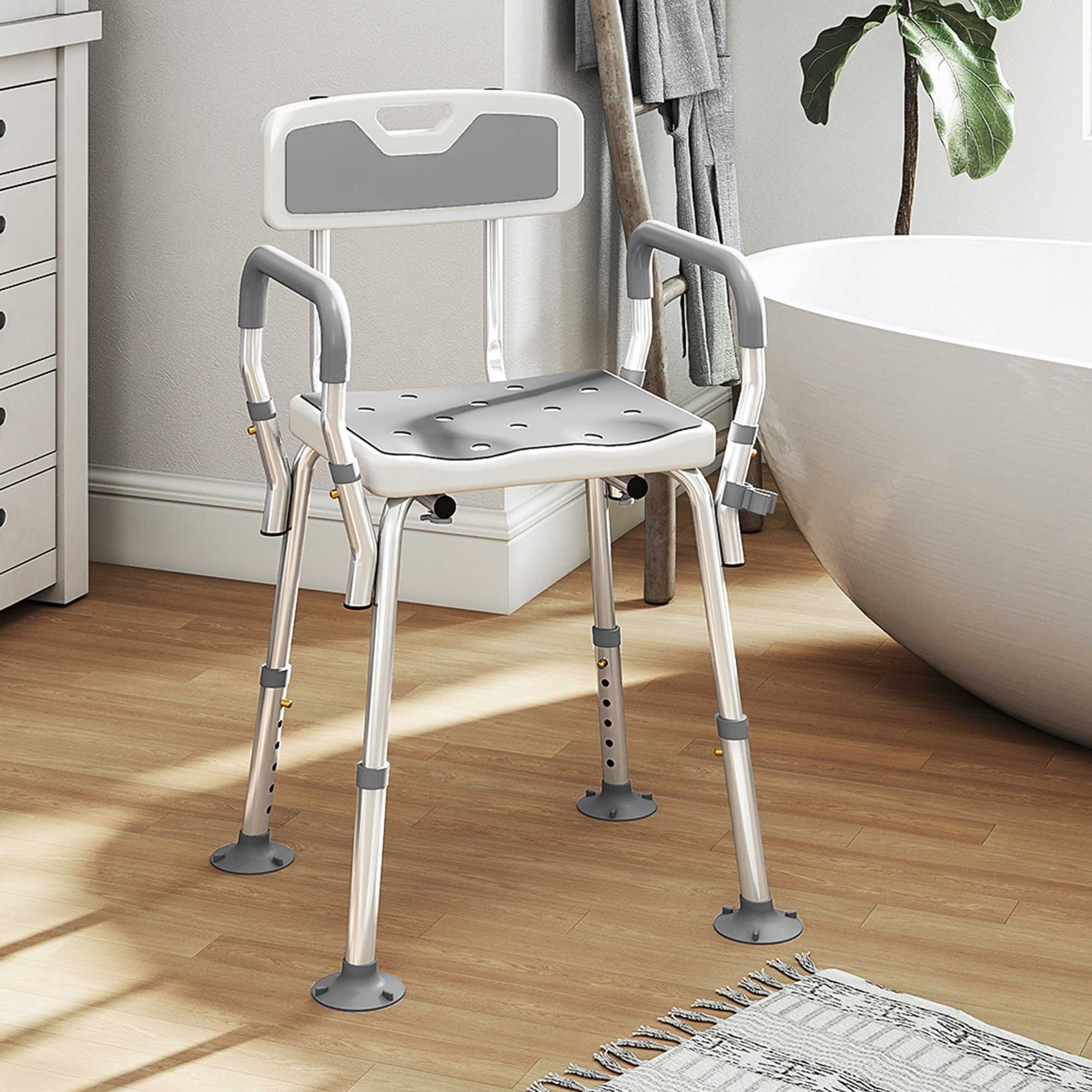 Chaise de douche siège de douche ergonomique hauteur réglable pieds antidérapants charge max. 136 Kg alu HDPE blanc gris